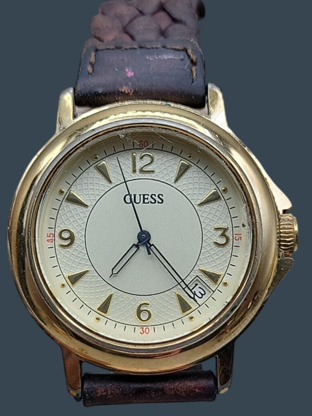 Guess Mens Quartz Watch 1997 31mm 8" Braided Leather Band Vintage Date
